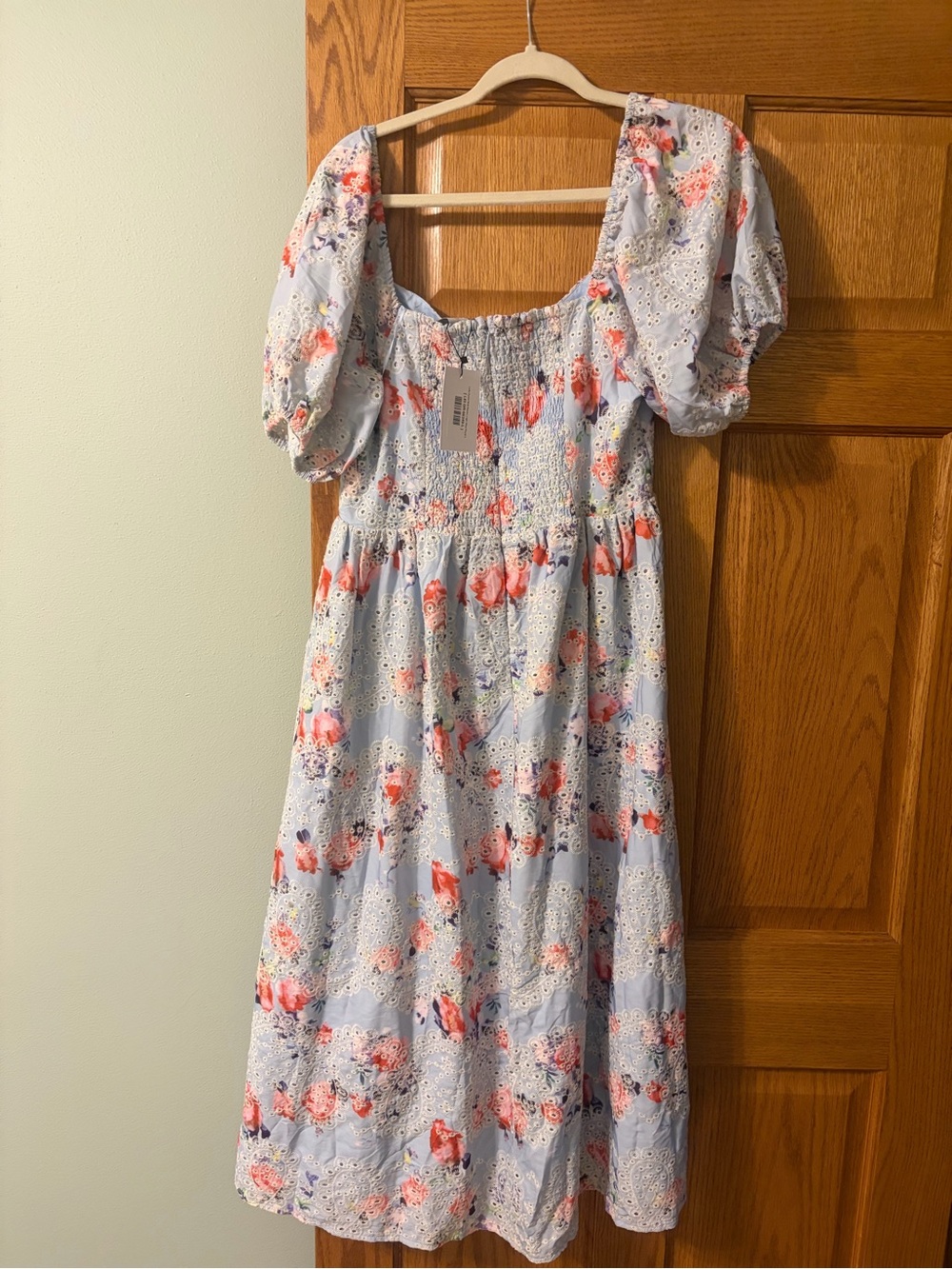 Sugarlips Light Blue Floral Midi Dress with Puff Sleeves